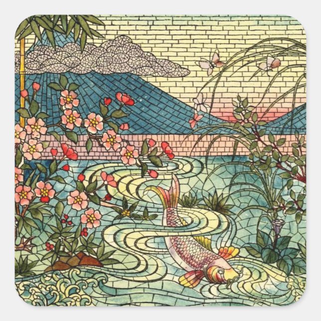 Pegatina Cuadrada Diseño de vidrio templado japonés para pescado (Anverso)