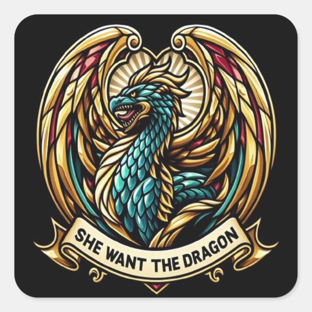 Pegatina Cuadrada Diseño de vidrios para dragones encantados (Anverso)