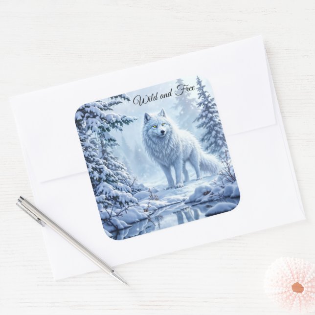 Pegatina Cuadrada Diseño del paisaje del lobo blanco ártico (Sobre)