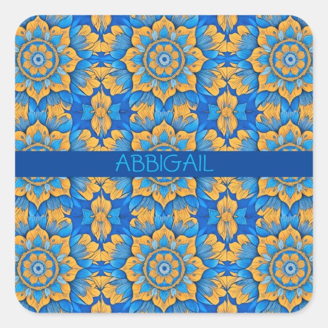 Pegatina Cuadrada Diseño del patrón floral de Blue Boho (Anverso)