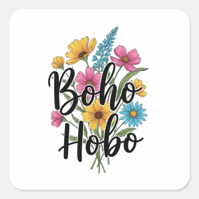 Pegatina Cuadrada Diseño del ramo de flores Boho Hobo (Anverso)