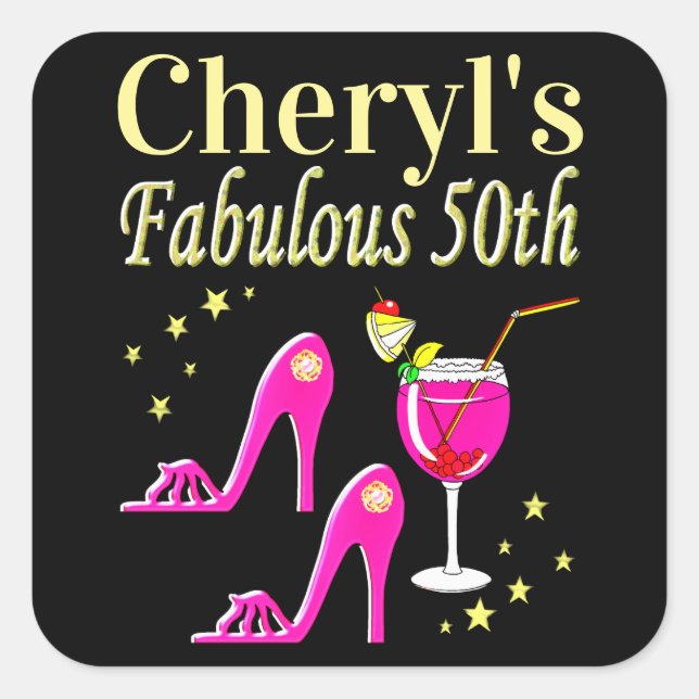 PEGATINA CUADRADA DISEÑO DIVA DE 50 CUMPLEAÑOS DE ROSA POPULAR (Anverso)