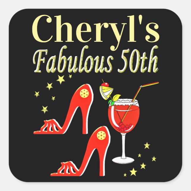 PEGATINA CUADRADA DISEÑO DIVA DE CUMPLEAÑOS 50 ROJOS (Anverso)