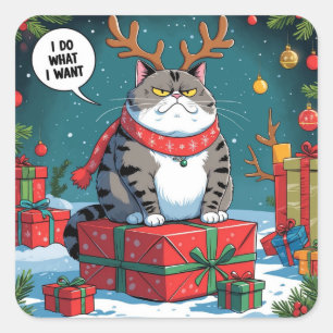 Pegatina Cuadrada Diseño divertido de gato gruñón en Navidad – Gato 