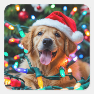 Pegatina Cuadrada Diseño divertido de Golden Retriever para Navidad 