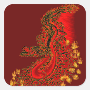 Pegatina Cuadrada Diseño dragón de China rojo y dorado