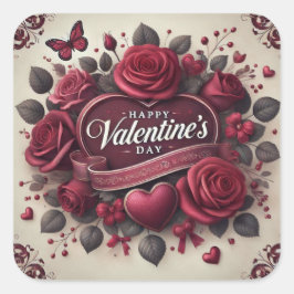 Pegatina Cuadrada Diseño el día de San Valentín con Rosas y corazón