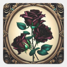Pegatina Cuadrada Diseño elegante Art Nouveau de Rosa Roja Negra