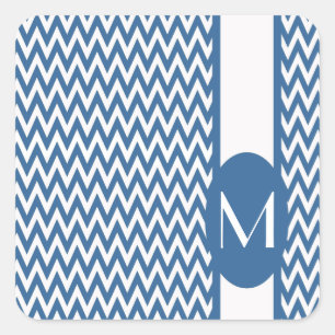 Pegatina Cuadrada Diseño elegante de Azure Chevron con monograma