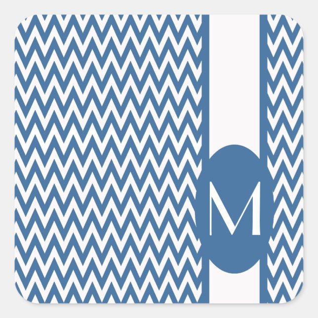 Pegatina Cuadrada Diseño elegante de Azure Chevron con monograma (Anverso)