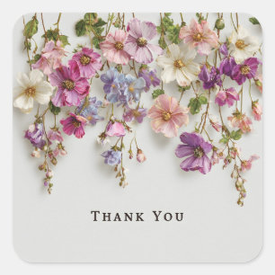 Pegatina Cuadrada Diseño elegante de "Gracias" con flores colgantes