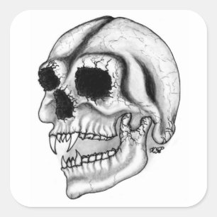 Pegatina Cuadrada Diseño en blanco y negro del cráneo de vampiros
