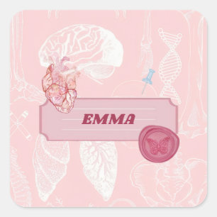 Pegatina Cuadrada Diseño Estético de Anatomía Rosa para Estudiantes