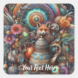 Pegatina Cuadrada Diseño floral de Boho Fox Raccoon
