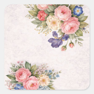 Pegatina Cuadrada Diseño Floral de Rosa Vintage Rústico Personalizad