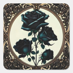 Pegatina Cuadrada Diseño floral de Rosas negros Art Nouveau