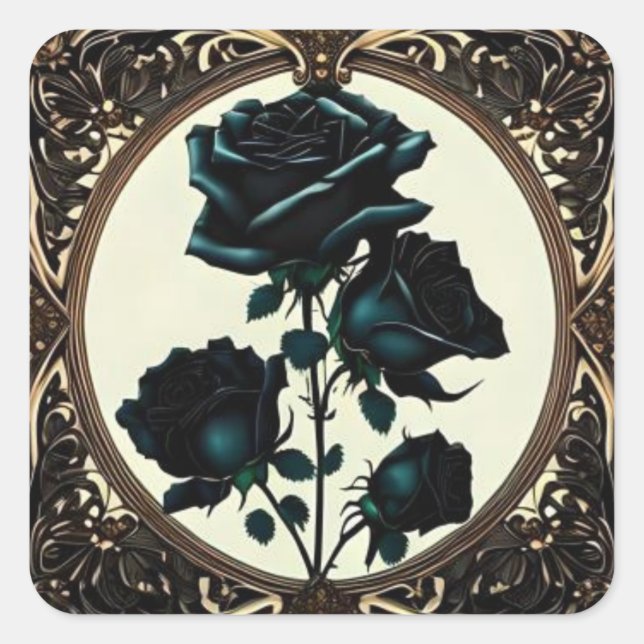 Pegatina Cuadrada Diseño floral de Rosas negros Art Nouveau (Anverso)