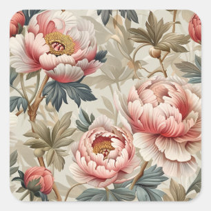 Pegatina Cuadrada Diseño floral elegante. peonías rosadas pálidas