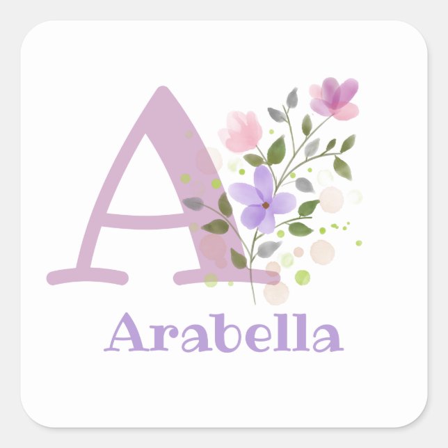 Pegatina Cuadrada Diseño floral inicial más nombre Arabella (Anverso)