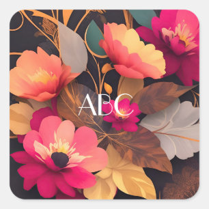 Pegatina Cuadrada Diseño floral rojo retro