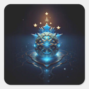 Pegatina Cuadrada Diseño Fractal Blanco Azul Con Estrellas