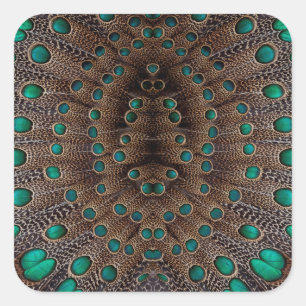 Pegatina Cuadrada Diseño Fractal de Pluma de Faisán