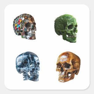 Pegatina Cuadrada Diseño gráfico artístico de cráneo humano 4 unidad