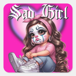 Pegatina Cuadrada diseño gráfico triste chica