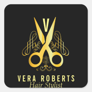 Pegatina Cuadrada Diseño Hair Stylist Gold Scissor & Beauty Salon