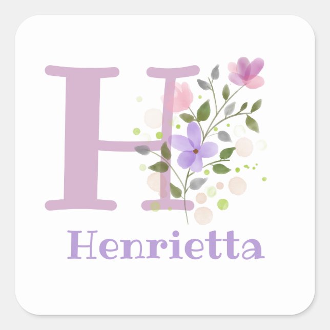 Pegatina Cuadrada Diseño inicial de Henrietta y Flores (Anverso)