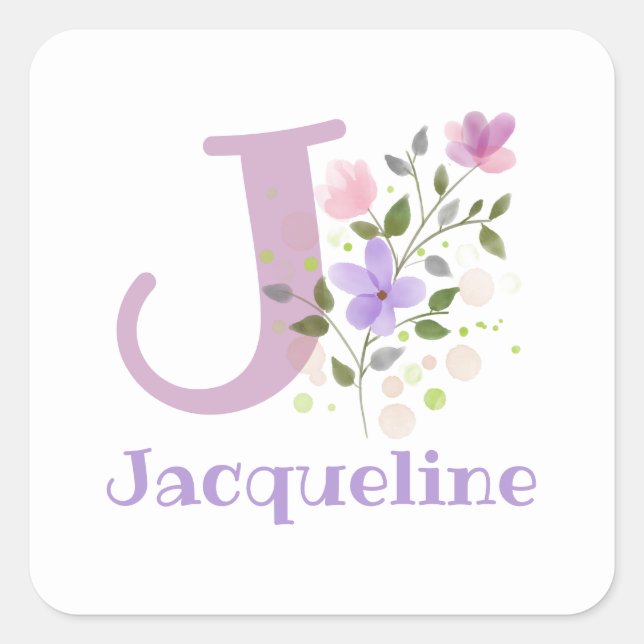 Pegatina Cuadrada Diseño inicial de J Plus Name Jacqueline & Flowers (Anverso)