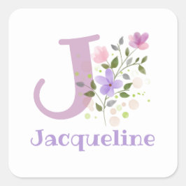Pegatina Cuadrada Diseño inicial de J Plus Name Jacqueline & Flowers