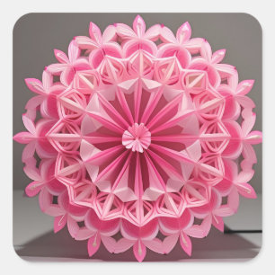Pegatina Cuadrada Diseño Intrincado de Origami Floral Rosa