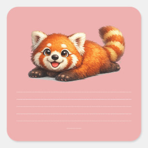 Pegatina Cuadrada Diseño Kawaii de Animal Panda Rojo Lindo Relajándo