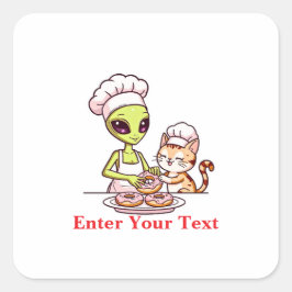 Pegatina Cuadrada Diseño Kawaii de Gato Chef Alien Donut