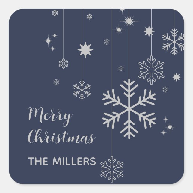 Pegatina Cuadrada Diseño mínimo de Navidades con copos de nieve (Anverso)
