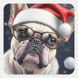 Pegatina Cuadrada Diseño Navideño de Santa con adorable Bulldog Fran