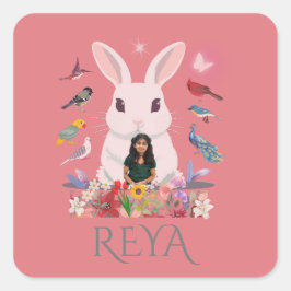 Pegatina Cuadrada Diseño personalizado de conejos, flores y aves