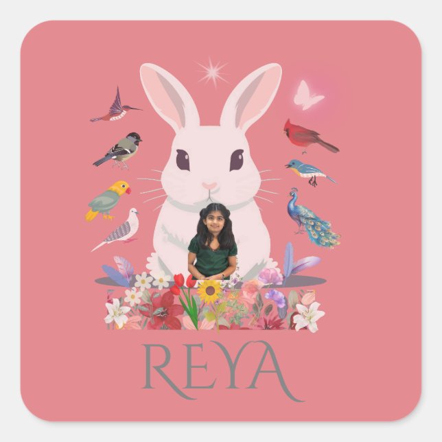 Pegatina Cuadrada Diseño personalizado de conejos, flores y aves (Anverso)