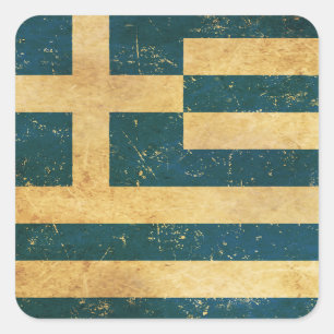 Pegatina Cuadrada Diseño Retro de Grecia con Bandera Vintage Grunge