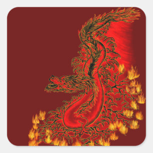 Pegatina Cuadrada Diseño rojo y dorado de China Dragon
