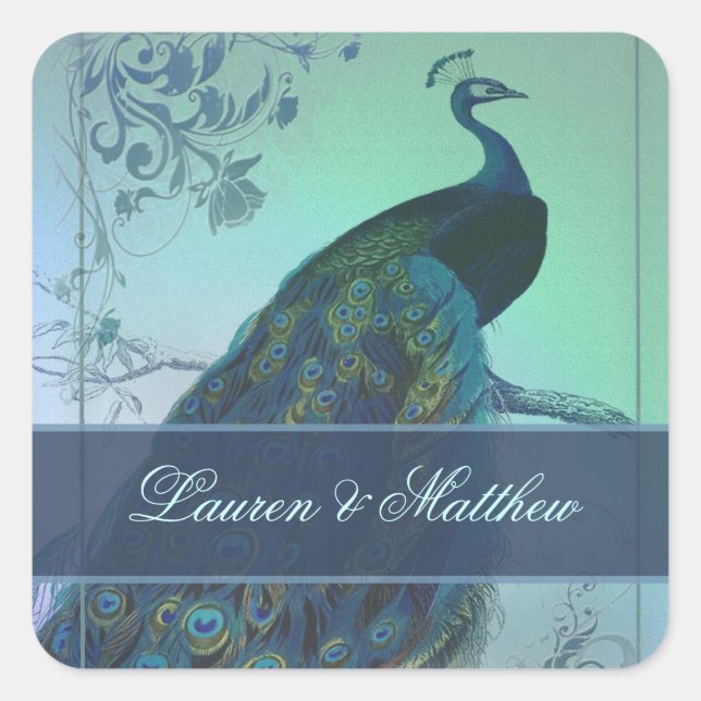 Pegatina Cuadrada Diseño romántico de pavo real (Anverso)