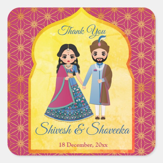Pegatina Cuadrada Diseño rosa y dorado frontera de la boda india (Anverso)