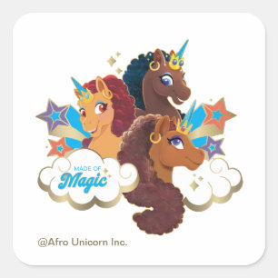 Pegatina Cuadrada Diseño tripartito "Made of Magic" de Afro Unicorn