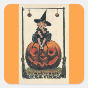 Pegatina Cuadrada Diseños de Halloween de la bruja del vintage