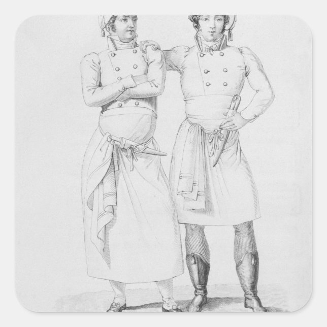 Pegatina Cuadrada Disfraces de cocineros de diferentes épocas (Anverso)