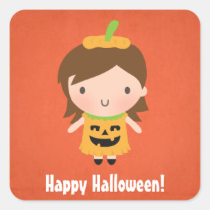 Pegatina Cuadrada Disfraz de calabaza de Halloween lindo niña 