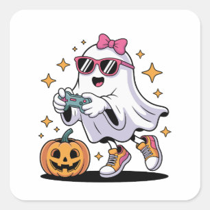 Pegatina Cuadrada Disfraz de Fantasma Espeluznante para Niños, Hallo