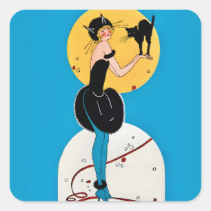 Pegatina Cuadrada Disfraz de gato de Halloween vintage señora y gato