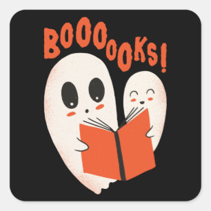 Pegatina Cuadrada Disfraz de Halloween de fantasma gusano de libro d